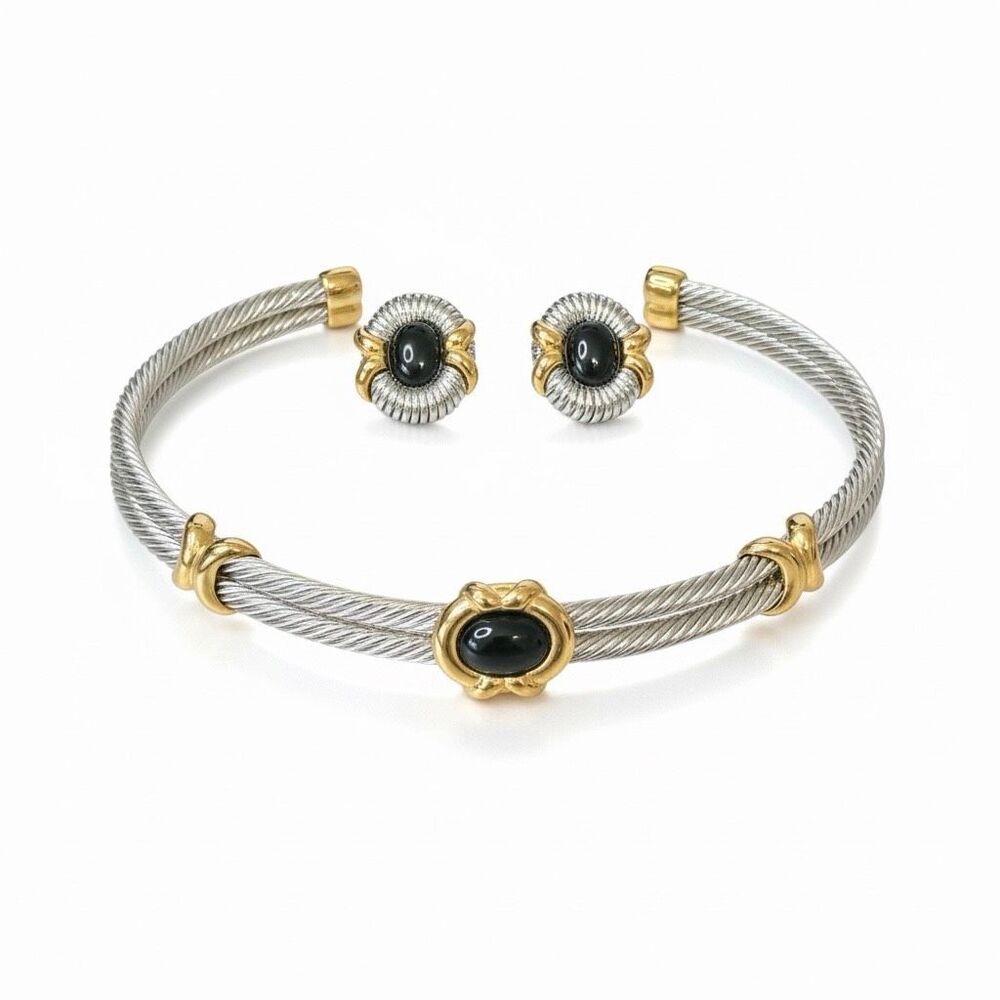 Silver and Gold Tone Choker Cuff Necklace and Clip Earring Set